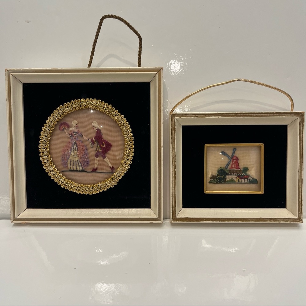 VINTAGE 2 Miniature Petit Point Needlepoints. Windmill Renaissance Couple Framed